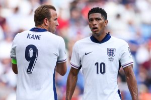 Harry Kane (left) and Jude Bellingham (right) playing for England in June 2025