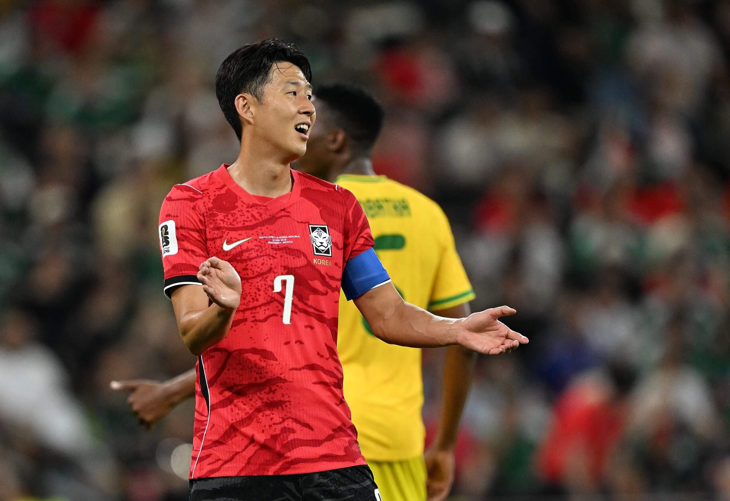 South Korea's Son Heung-min reacts during his team's game against South Africa