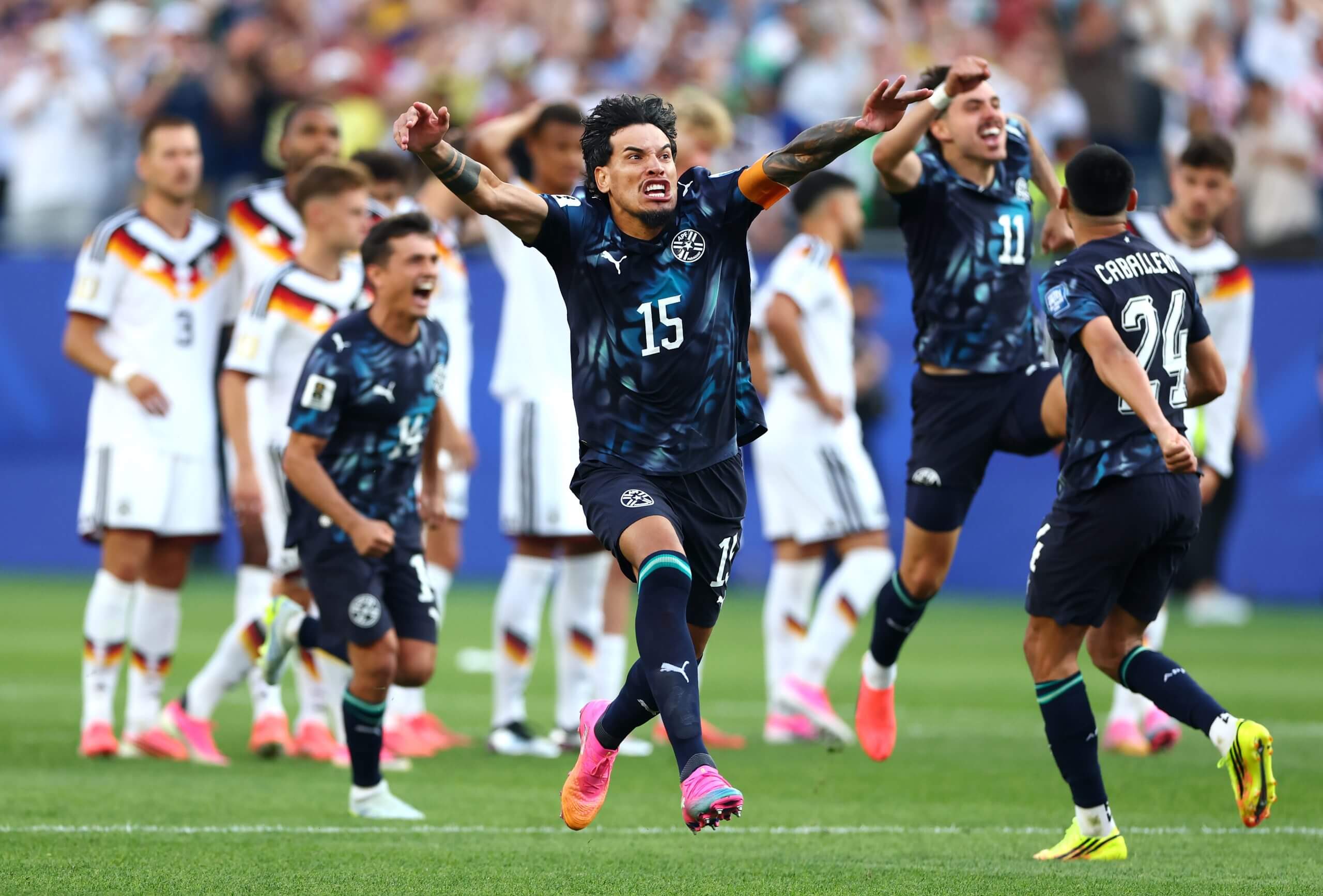Gustavo Gomez celebrates after Paraguay win the penalty shootout against Germany