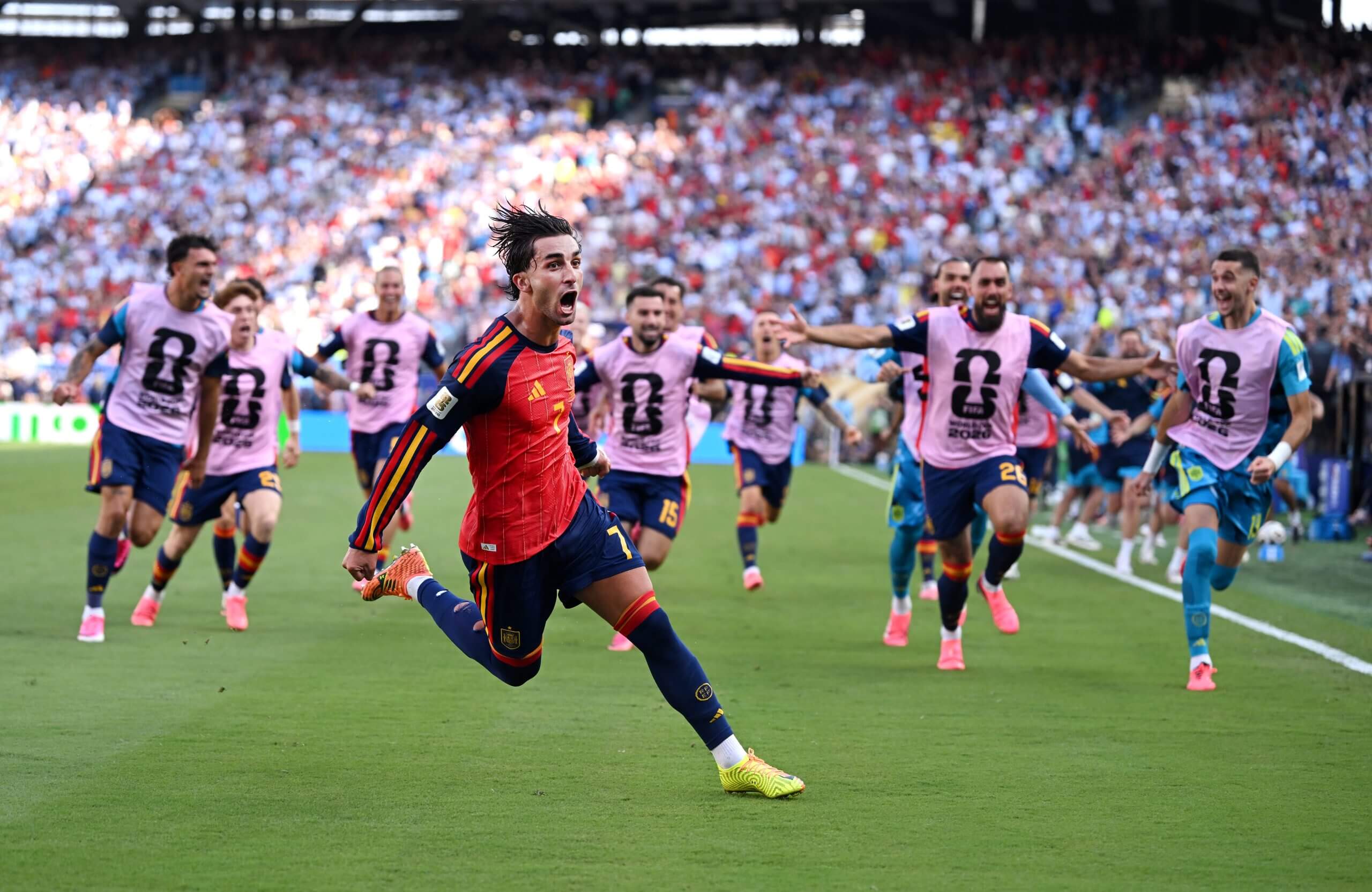Ferran Torres celebrates scoring the winning goal in the World Cup final