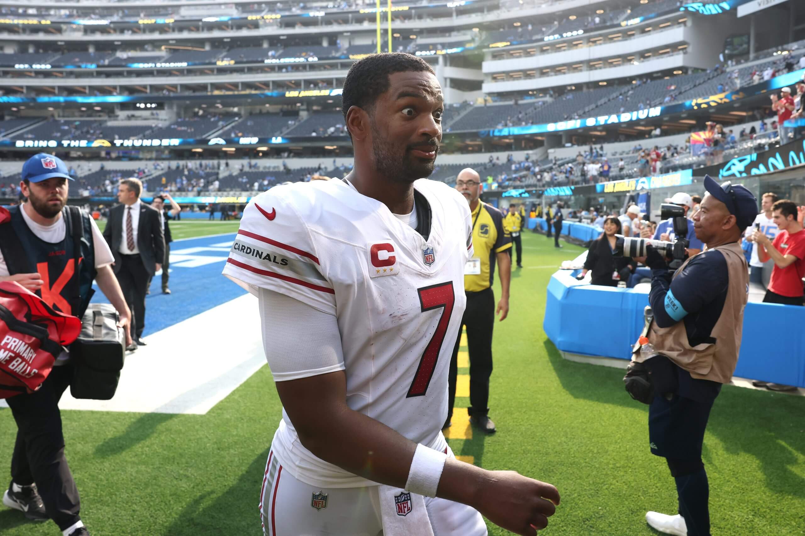 Jacoby Brissett #7 of the Arizona Cardinals reacts while walking off the field after his team's 26-14 win against the Los Angeles Chargers at SoFi Stadium on September 13, 2026 in Inglewood, California.